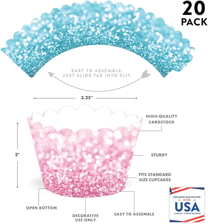 Andaz Press Party Cupcake Wrapper Decorations, Faux Pink And Baby Blue Glitter, 24-Pack, Gender Reveal Boy Or Girl Baby Shower Theme Bulk Cake Supplies Gender Reveal Cupcake Wrappers Baby Shower