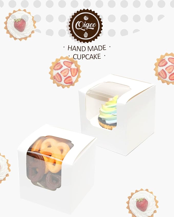 qiqee Auto-pop up Cupcake Boxes 100-Packs Individual Cupcake Container White 3.5" x 3.5" x 3.5" Single Cupcake Boxes