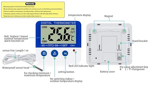 Fridge Freezer Thermometer Max/Min Memory High & Low Temperature Alarms Settings with LED Indicator Digital Refrigeration Thermometer with Magnetic,Stander 2 Pack