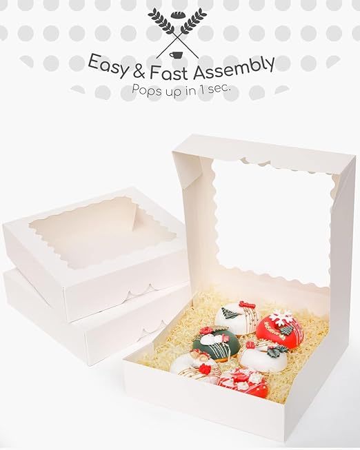 qiqee Auto-pop Up 30pcs Pie Box With Window 9x9x2.5 Inch Donut Pastry Boxes White Bakery Box