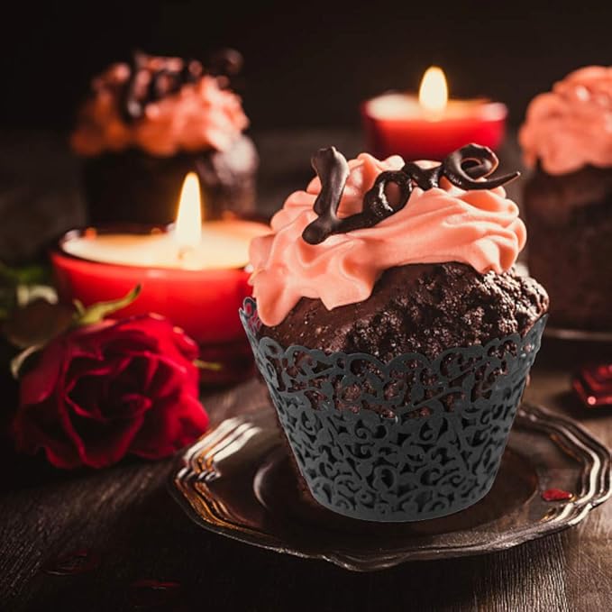 GOLF 100Pcs Cupcake Wrappers Artistic Bake Cake Paper Filigree Little Vine Lace Laser Cut Liner Baking Cup Wraps Muffin CaseTrays for Wedding Party Birthday Decoration (Black)