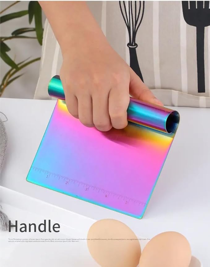 Premium Metal Cake Scraper & Pastry Cutter – Multi-Purpose Stainless Steel Dough Scraper with Ruler – Non-Slip Grip – Ideal for – Gold, Rose Gold & Rainbow Colors (rainbow)