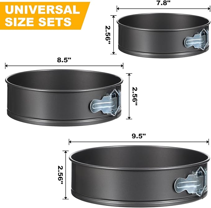 3 Pack Removable Springform Cake Pan, Round Nonstick Cheesecake Pan, Cake Pans Molds with Leakproof Bottom Removable for Baking Cheesecakes, Pie, Pizza and Quiches (7.8", 8.5", 9.5")