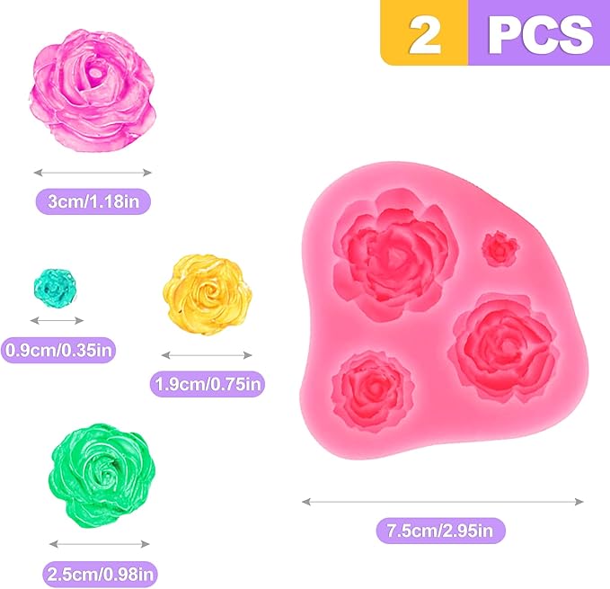 2 Piece Rose Fondant Molds for Cake Decorating - Multi-Size Flower Silicone Mold for Chocolate Gumpaste Wedding Birthday Party Cupcake Topper Supplies