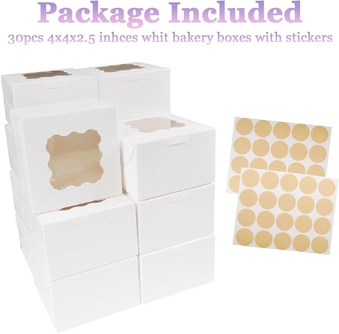 30pcs 4''x4''x2.5'' Small Bakery Boxes, White Gift Container with Window for Dessert, Strawberries, Cookie, Pastry, Small Treats