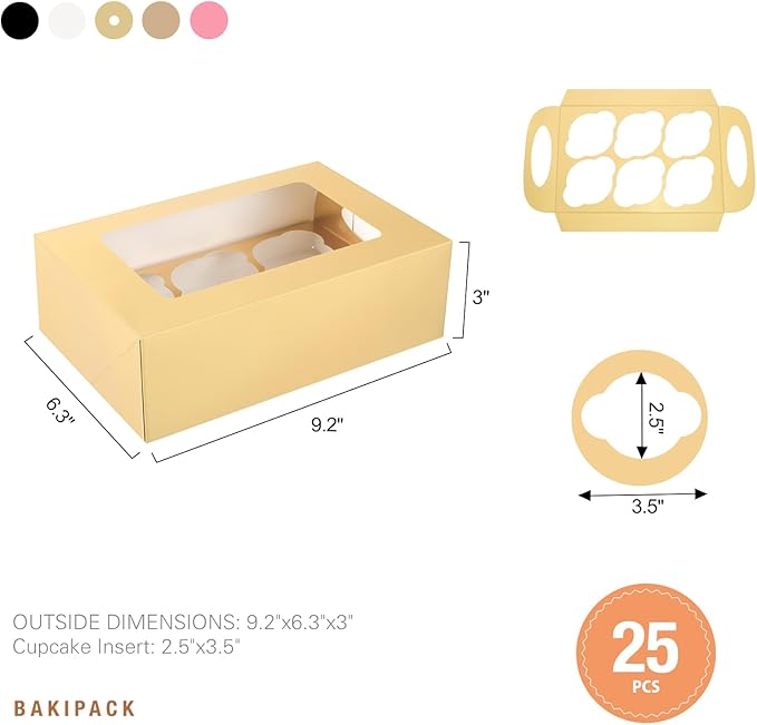 25 PCS Cupcake Boxes, Gold Cupcake Boxes 6 Count with Window and Inserts, Cupcake Holders for Cupcakes, Muffins, Cookies, Pastries