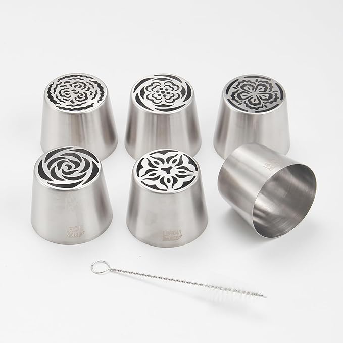Extra Large Russian Piping Tip Set - 6 Stainless Steel Marshmallow Buttercream Framing Nozzles for 3D Roses Tulip Cake Decorations and Marshmallow Bouquets, Includes 1 Cleaning Brush(6B)