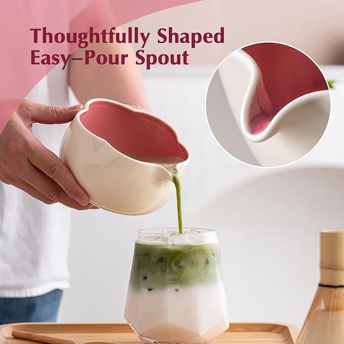 Matcha Set, 8Pcs Floral Ceramic Matcha Set with Matcha Whisk, Holder, Scoop, Scoop Rest, Sifter, Spoon and Tea Towel - Thoughtful Matcha Whisk Set Gift for Matcha Lovers (Beige & Pink)