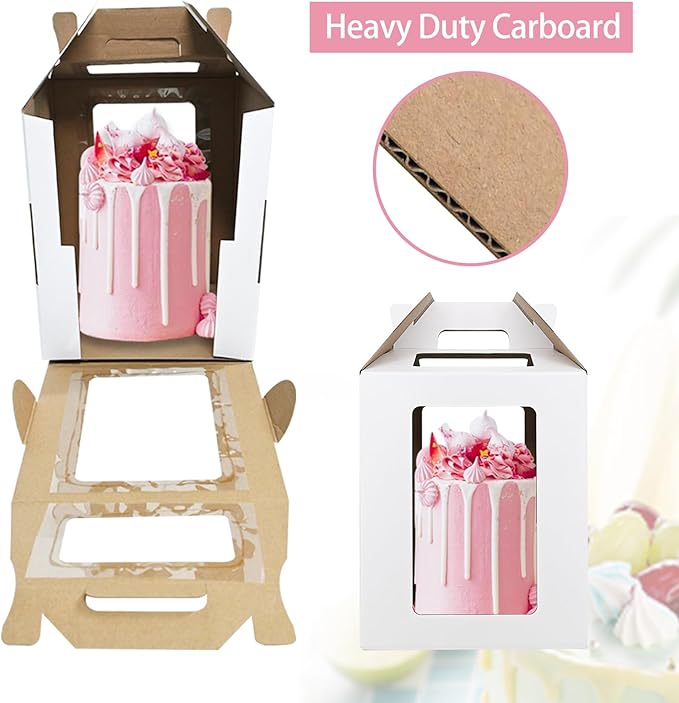KBG Tall Cake Boxes 12 Pcs 12x12x14 and 14x14x16 Inches With Window and Handle,Disposable Large Tiered Cake Carrier Cake Containers 12Inch 14 Inch