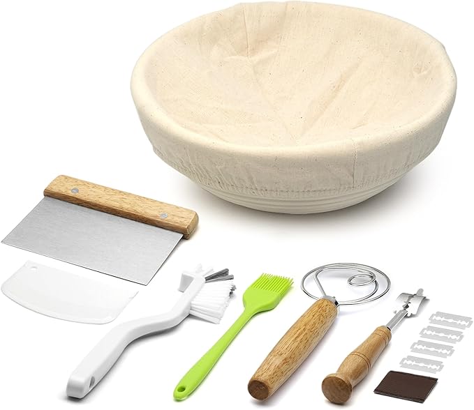 Banneton Bread Proofing Basket, 9 inch Round Sourdough Starter Kit for Baking Fermentation, Bread Making Supplies Tools Set, Sourdough Bread Baking Supplies Accessories, Rattan Basket Gift Set