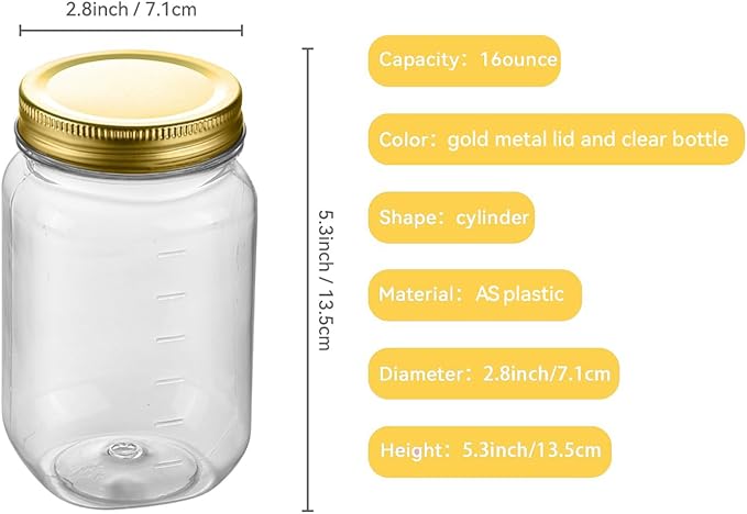novelinks 16 oz Clear Plastic Jars with Screw-On Lids - BPA-Free Refillable Storage Containers for Slime, Food, Crafts, Kitchen & Household Use (10 Pack,Gold)