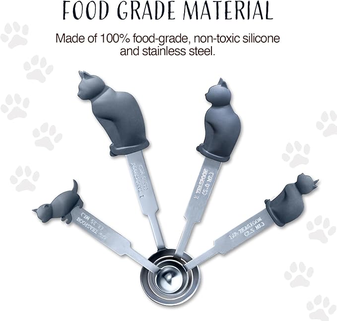 Cat Measuring Spoons Set, 4-Piece Stainless Steel Measuring Spoons with Cute Cat Handles, Accurate Teaspoon & Tablespoon Sizes for Dry or Liquid Ingredients, Dishwasher Safe