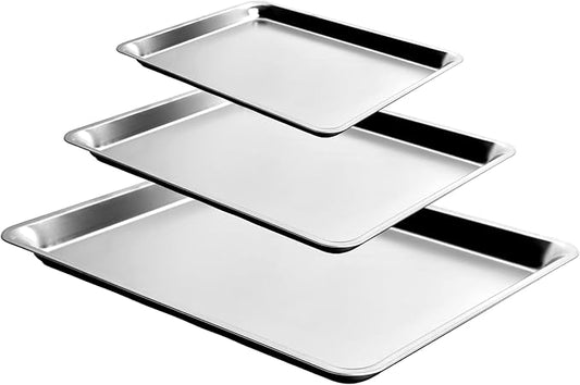 3-Piece Baking Pan Set, 304 Stainless Steel, 1-Inch Deep, Oven Safe to 450°F, Corrosion-Resistant, Easy to Clean, Stackable, 16-Inch, 12-Inch, 9-Inch Sizes