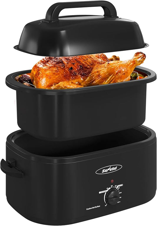 Sunvivi 26 Quart Electric Roaster Oven Turkey Roaster with Lid Electric Roasters with Removable Pan Large Roaster,Visible & Self-basting Lid, Fast Heating & Thaw/warming Setting,Black