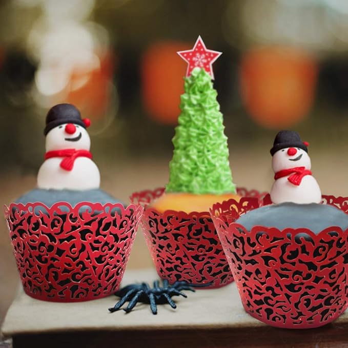 GOLF 100Pcs Christmas Cupcake Wrappers Artistic Bake Cake Paper Filigree Little Vine Lace Laser Cut Liner Baking Cup Wraps Muffin CaseTrays for Wedding Party Birthday Decoration (Red)