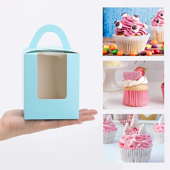 acDesign 100Pcs Cupcake Boxes 3.6in*3.6in*4.3in Single Cupcake Carrier With Window Handle and Inserts for Wedding Birthday Party Gift (Blue)