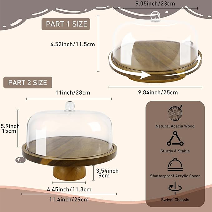 Set of 2 Acacia Wood Cake Stand with Acrylic Lid, 11.81'' Cake Plates and 9.84'' Rotating Cake Holder for Party, Wedding