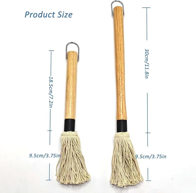 Basting Mops Brush Set for BBQ Grilling 15.5" & 11.2" - Detachable Wooden Handle Sauce Brushes with 4pcs Extra Replacement Heads & 1 Silicone Brush - BBQ Mop for Outdoor Cooking, Camping