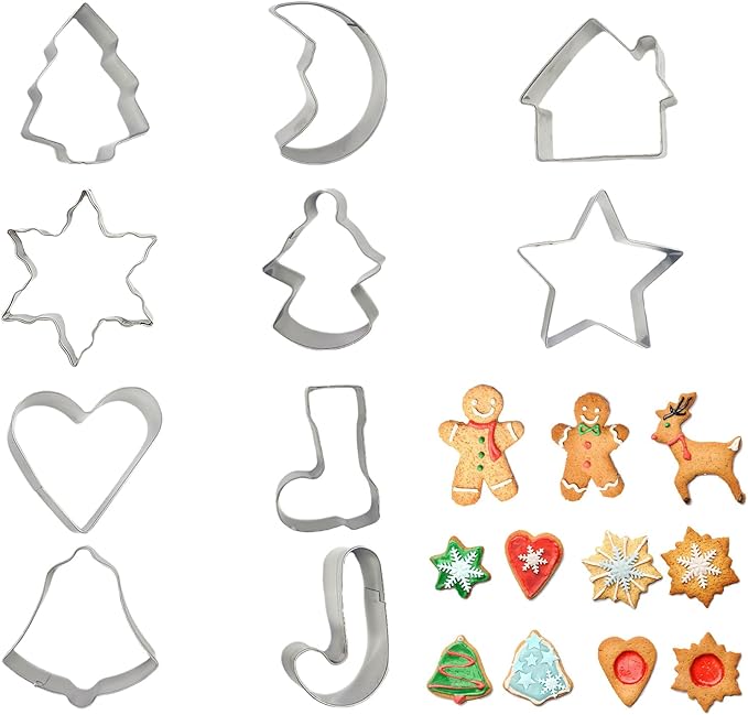 Christmas Cookie Cutter Set 10 Pack Small Stainless Steel Holiday Shapes (Boots, Bells, Candy Canes, Trees, etc.) for DIY Baking Decorations, Cookies, Fondant, Gingerbread, Holiday Gifts
