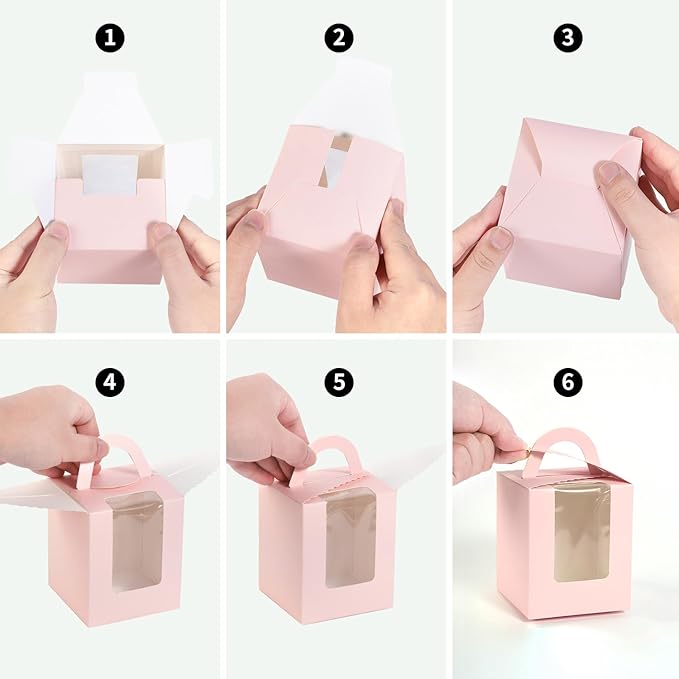 JCD Pink 70packs Cupcakes Containers with Insert Window and Handle,single Cupcake Holders box, Portable Cupcake Carriers for Bakery Wedding Party Favor(Pink/70Pcs)