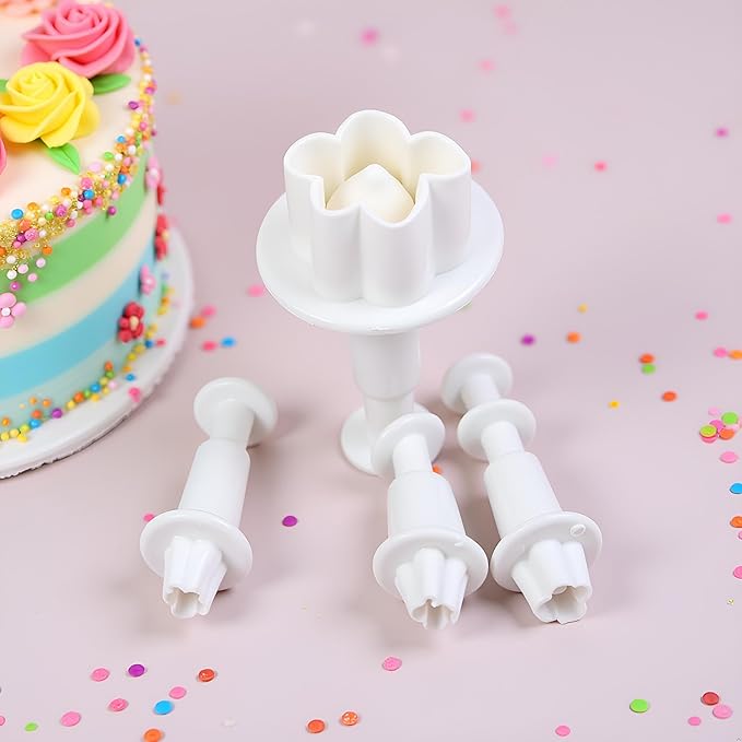 4Pcs White Flower Plunger Cookie Cutter DIY Blossom Flower Cake Fondant Mold Plastic Cake Decorating Tools Baking Accessories Cookie Cutters For Baking Plastic, Dessert and Candy Sculpting Tools