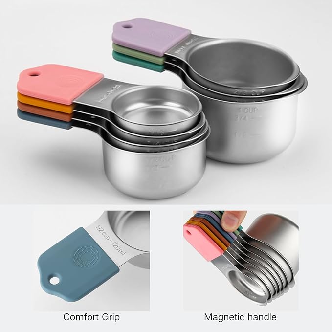 Magnetic Stainless Steel Measuring Cups Set of 7, Stackable with Engraved Markings - Heavy Duty Dry & Liquid Measuring Cups for Baking, Cooking, Mixology - Multicolor Kitchen Tools