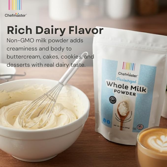 Whole Milk Powder by Chefmaster, Non-GMO & Pasteurized Dry Milk, Shelf-Stable for Baking, Cooking, Drinks, Travel & Camping, High in Calcium & Protein, Quality Crafted in USA, 20 oz