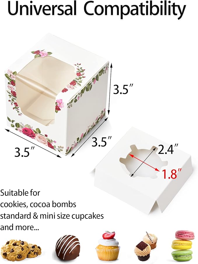 Happyhiram Cupcake Boxes 100 Pcs Bulk Roses Floral, Individual Holder with Window for Mother's Day Flower Mini Gift Boxes Botanical Leaves for Gift Ornament Packaging Women's Birthdays Weddings