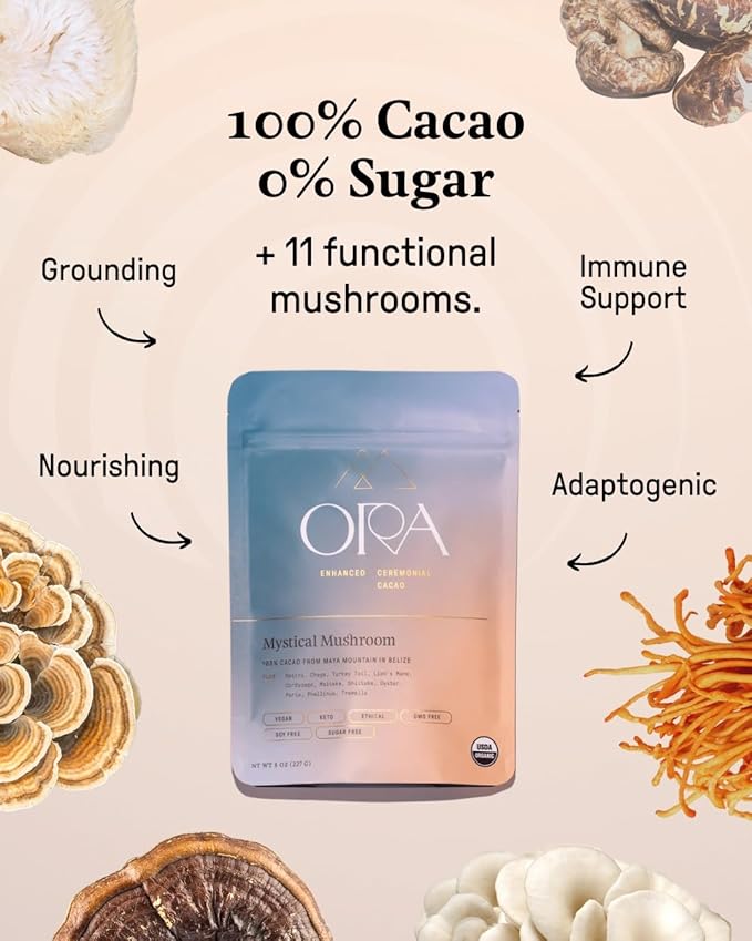 ORA Ceremonial Cacao - Mystical Mushroom - Organic 100% Cacao with Lion's Mane, Reishi, Chaga - Ethical - High Flavanol - Unsweetened - Heavy Metals Tested - 16oz