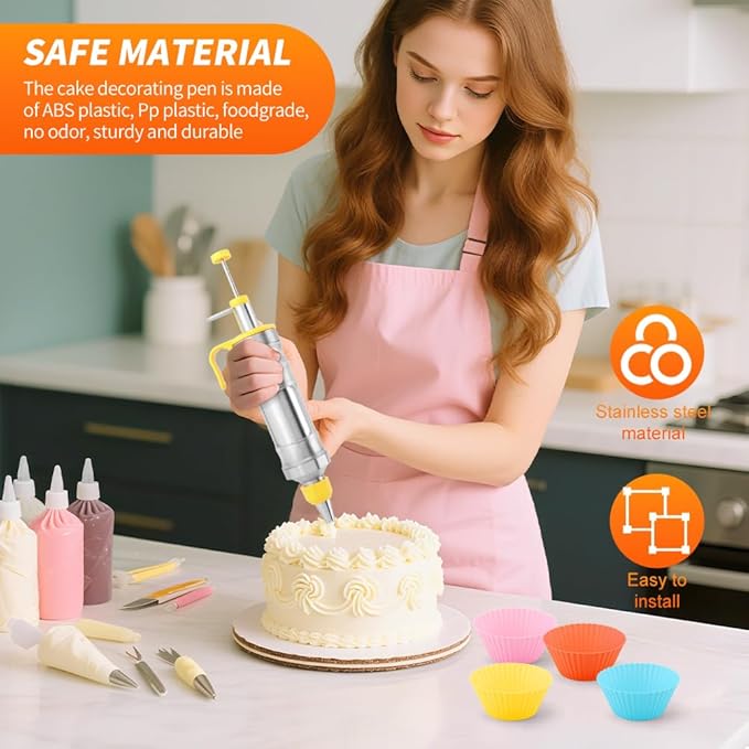 18Pcs Dessert Decorating Syringe Set, Stainless Steels Icing Piping Kit Cake Decorating Tools with 6 Piping Tips & 9 silicone Cupcakes, Cupcake Decorating Kit(COLOR:Yellow)