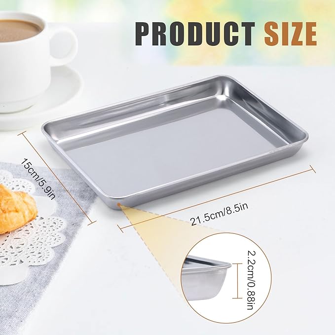 6 Pack Baking Sheet Pan Set Cookie Sheet Small Toaster Oven Pans Stainless Steel Tray Barbecue Grill Pan Rectangle Trays Oven and Dishwasher Safe 8.5 x 6 x 0.8 Inches