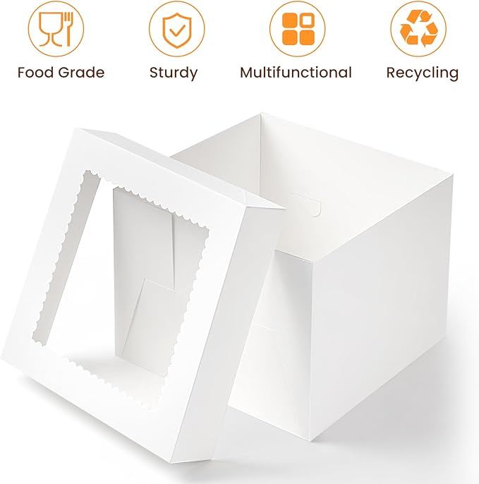 Ocmoiy 2 Sets Cake Boxes with Cake Boards, 10 x 10 x 8 Inches White Bakery Boxes with Window Tall Cake Containers for Wedding Birthday Party