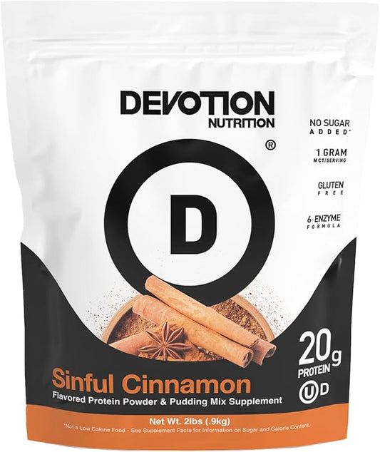 Devotion Nutrition Protein Powder Blend | Gluten Free, Keto Friendly, No Added Sugars | 1g MCT | 20g Whey & Micellar Protein | 2lb Tub (Sinful Cinnamon)