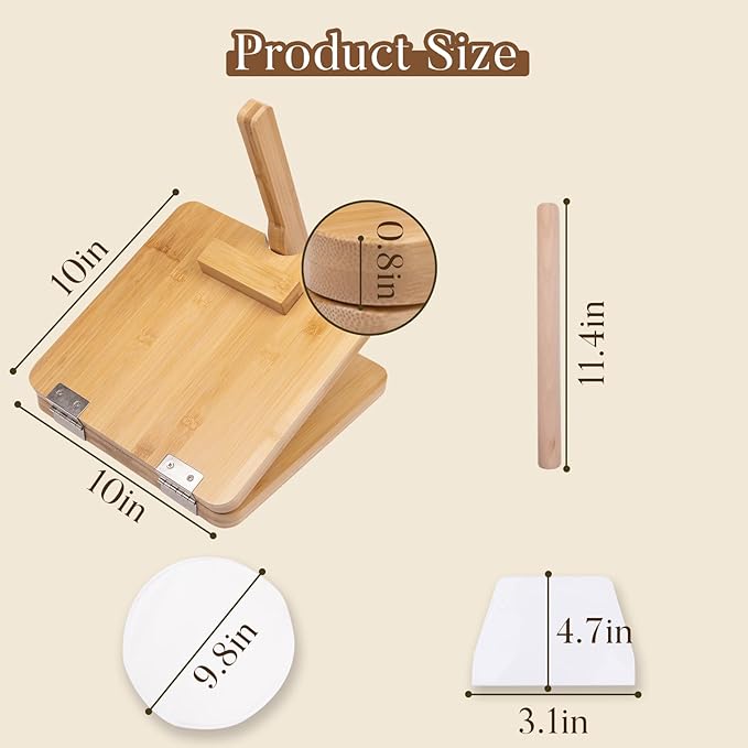 Premium Wooden Tortilla Press（Square 10"),Tortilla Maker Press Set with 50 Pieces Parchment Paper, Rolling Pin,Dough Scraper,Easy to Use and Clean,Durable and Solid.