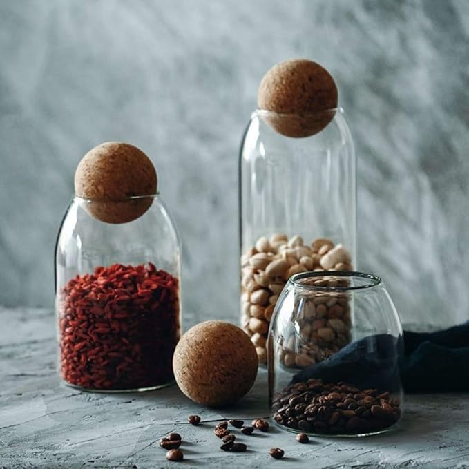 800ML/27Oz Clear Glass Storage Cute Canister Holder Ball Wood Cork Top, Modern Decorative Cylinder Container Jar with Round Lid for Coffee, Spice, Candy, Salt, Cookie Cool Terrarium Bottle