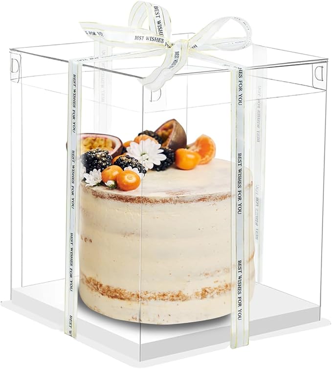 8 Pcs 10x10x12Inch Clear Cake Box with Ribbon, PET Tall Cake Boxes, Clear Gift Boxes for 8 Inch Cake, Bakery Transport Container, Transparent Display Box for Birthday Wedding Party