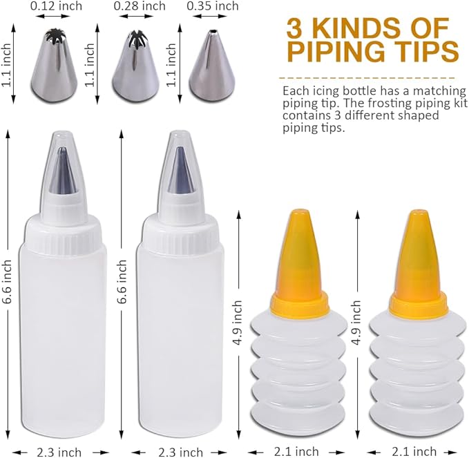 Icing Bottles with Stainless Steel Icing Tips (4 pcs) - Foldable & Unicolored Bottles, Cake Decorating Kit with 3 Piping Tips, White, Yellow