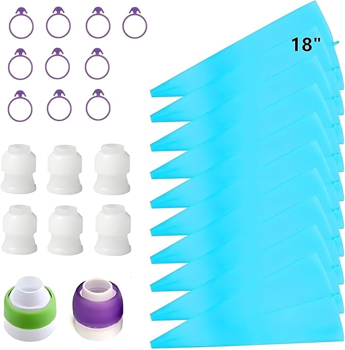 28 Pcs Pastry Piping Bags Set, with 10 PCS (18 Inch) Reusable Silicone Icing Bags,8 Couplers and 10 Frosting Bag Ties for Cake Cupcake Decorating