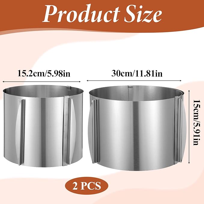 2 Pcs Cake Mold 15 cm High, 6 to 12'' Adjustable Ring Cake Baking Supplies Rings Round Stainless Steel Decorating Bakeware Tools with Scaling for Mousse Baking Dessert Making(2 Pcs,15 cm)