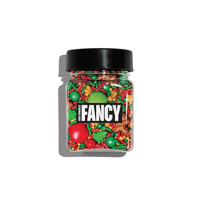 Fancy Sprinkles Limited Edition Holiday Holladaze Sprinkles Red, Green and Gold Blend of our ignature Crunchy Jimmies, Candy Trees, Stars and Gingerbread Men, and Chocolate Gems (0.25c)