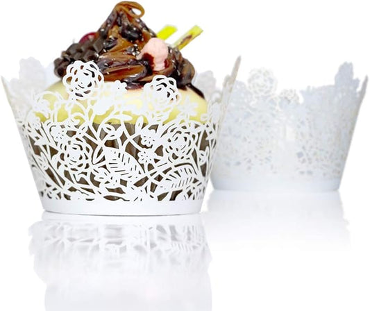 YOZATIA 60pcs White Rose Lace Cupcake Wrappers Holders, Laser Cut Cupcake Liners Decorative Liners for Wedding Party Birthday Cake Decoration Supplies