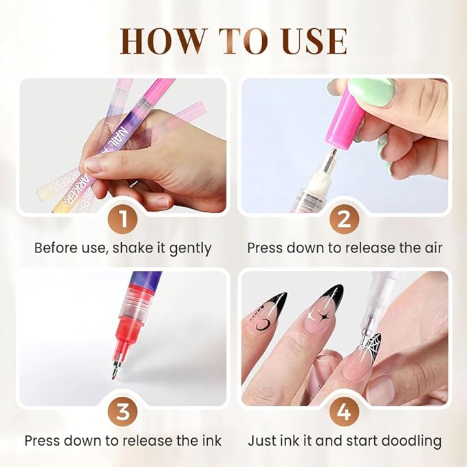 Nail Art Pens Set 12 Colors Nail Art Markers for Gel Nails,2025 Quickly Dry Nail Polish Pens Drawing Painting Pen,Nail Art Nail DIY Decoration for Home Salon (12 Color)