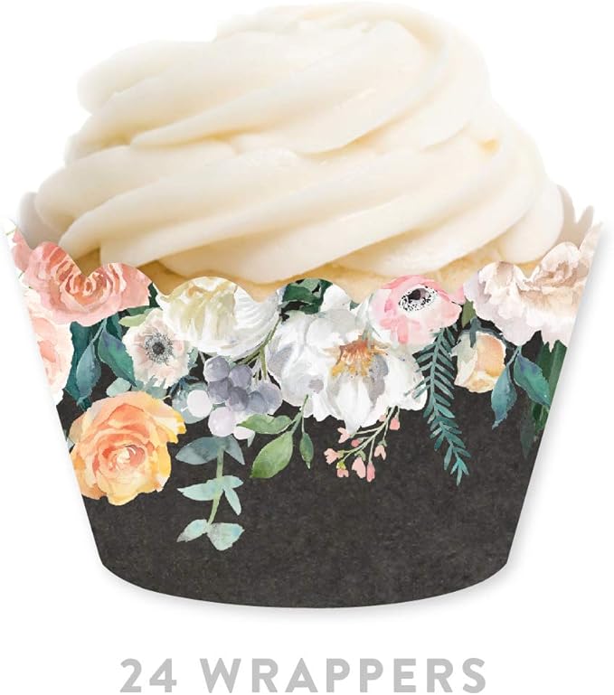 Andaz Press Party Cupcake Wrapper Decorations, Peach Coral Floral Flowers Roses on Chalkboard, 24-Pack, For Girls 1st Birthday Baby Bridal Shower Tea Party Themed Decorations