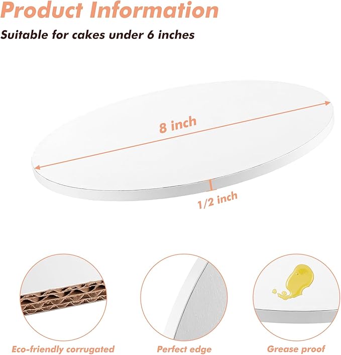 10 Pack Cake Boards 8 Inch Round Cake Drum White 1/2” Thick Cake Drums Corrugated Cardboard Cake Base for Multi-Layer Cakes Sturdy Cake Decorating Supplies
