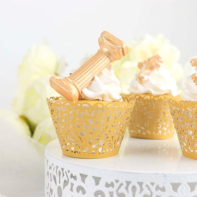 100pcs Yellow-Gold Cupcake Wrappers Artistic Bake Cake Paper Cups Little Vine Lace Laser Cut Liner Baking Cup Muffin Case Trays for Wedding Party Birthday Decoration (Gold)