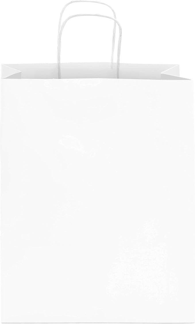 Prime Line Packaging White Paper Bags, Kraft Gift Bags with Handles for Small Business, Shopping, Take-out Goodie, Bistro, Boutique, Bulk, 10x6.75x12, 100 Pack