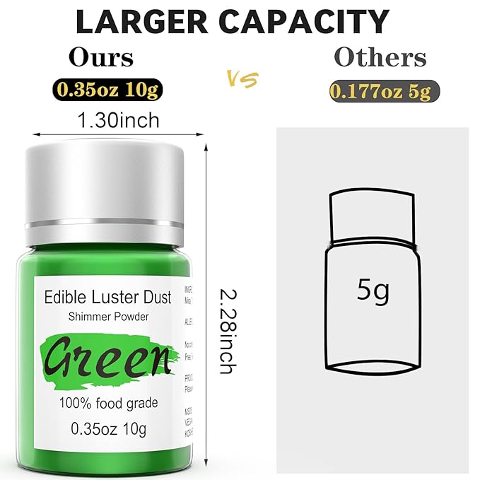 Green Luster Dust Edible Glitter for Cakes Cocktails – 10g Colaele Edible Shimmering Dust for Chocolates, Metallic Food Coloring Powder for Cake Decorating Edible Glitter for Drinks, No Gluten,Vegan