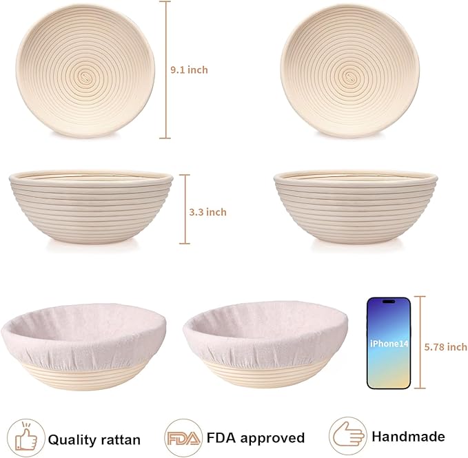 Banneton Bread Proofing Basket Set of 2, 9 Inch Round Sourdough Bread Baking Supplies, Bread Making Starter Kit, Proofing Baskets for Baking, Perfect Baker's Gift Set