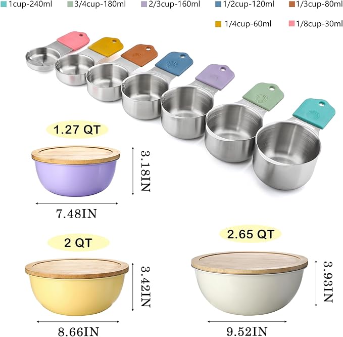 Magnetic Measuring Cups Set Includes 7 Stainless Steel Magnetic Measuring Cups and 3 Mixing Bowls with Wooden Lids Kitchen Measuring Tools for Cooking or Baking