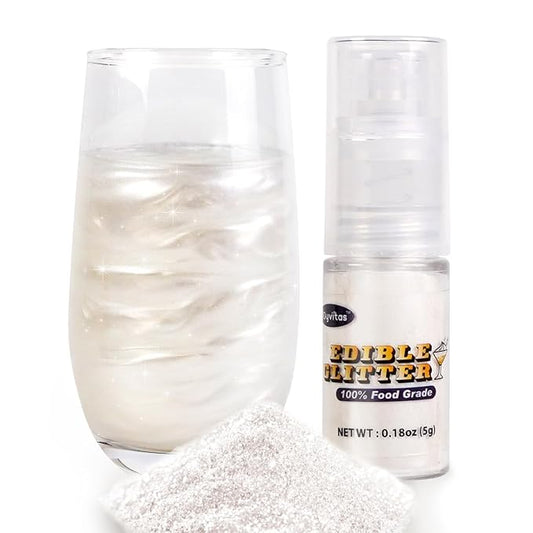 White Edible Glitter Spray 5g, Shimmer Edible Glitter for Cocktails, Food Grade Luster Dust for Beverages & Cake Decorating, Drinks, Baking, Chocolate